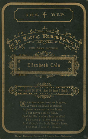 Elizabeth Cain's memorial card